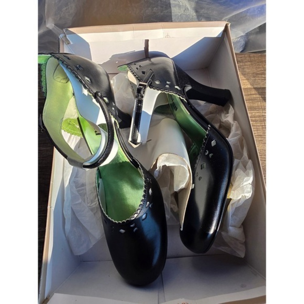 1188 Unlisted Kenneth Cole Black Mary Jane Heels Scalloped Green Insole Size 10⁸